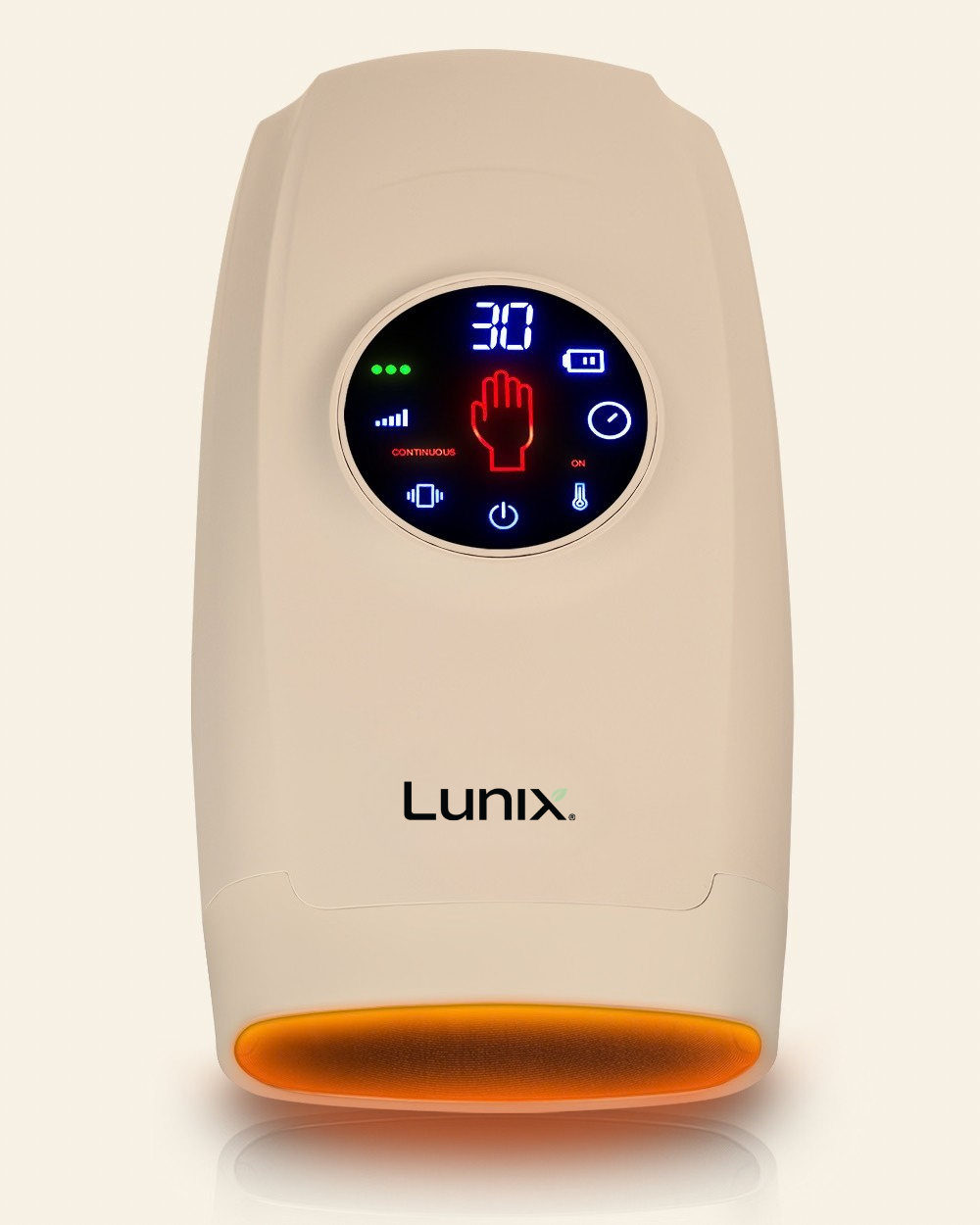 A beige Lunix hand massager with a circular digital display showing blue and red interface icons, set against a light beige background.