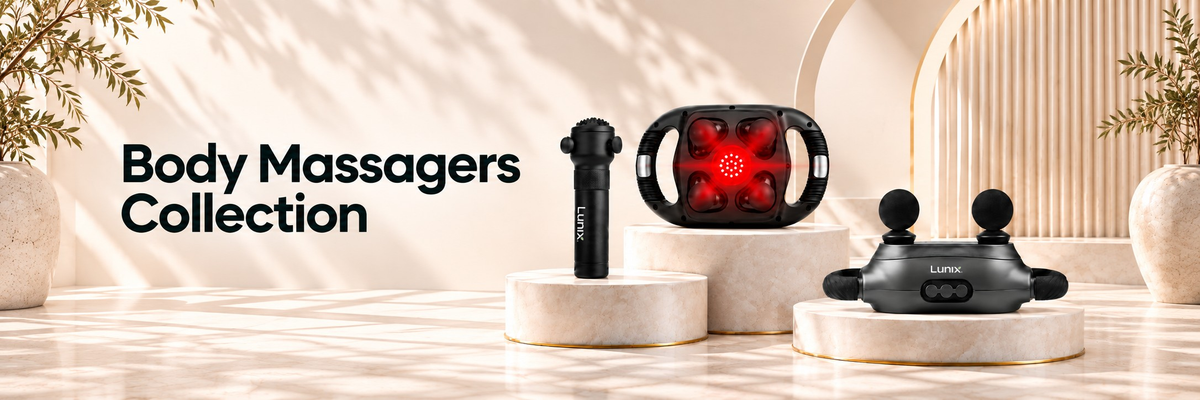 Lunix body massagers the gun massager, 2 heasds massager and 4 heads massager in mediterranean background.