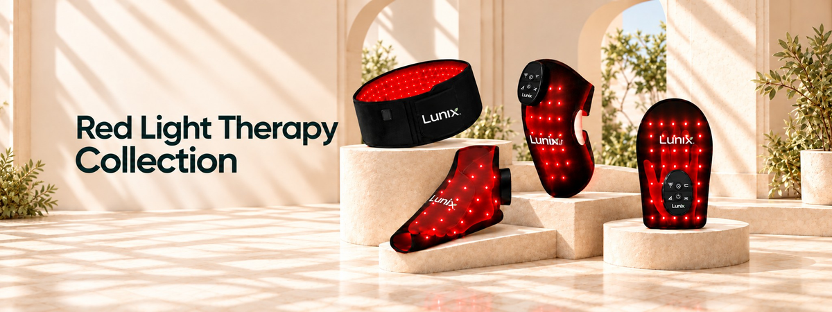 Lunix Red light therapy massagers for body, leg, feet and hand in mediterranean background.