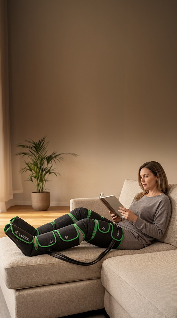 Woman reading a book on a couch with black and green leg massager.
