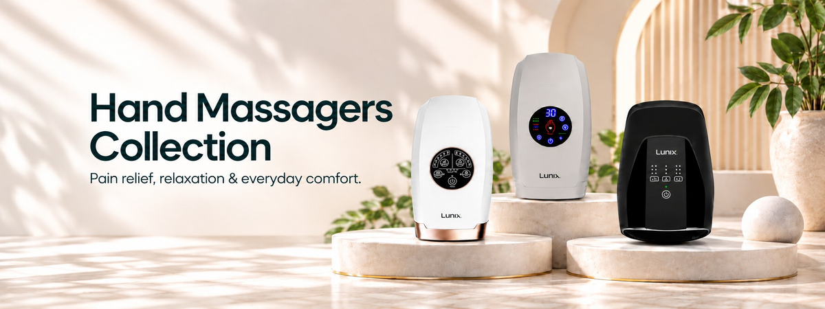 Lunix hand massagers, LX3, LX7 and LX29 in Mediterranean background.