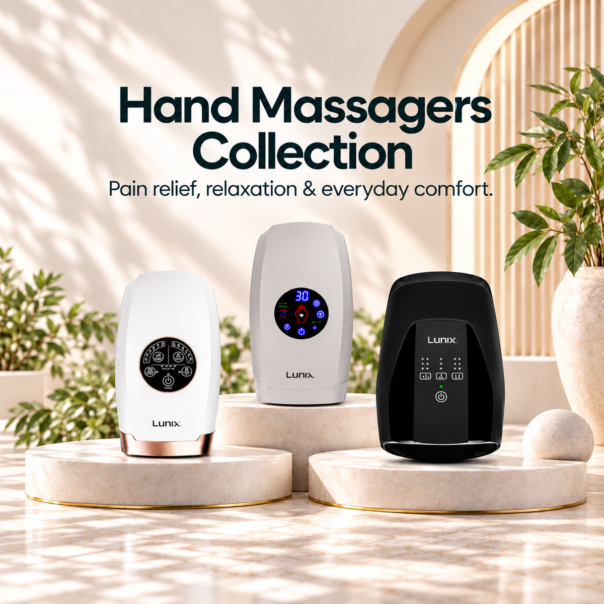 Lunix hand massagers, LX3, LX7 and LX29 in Mediterranean background.