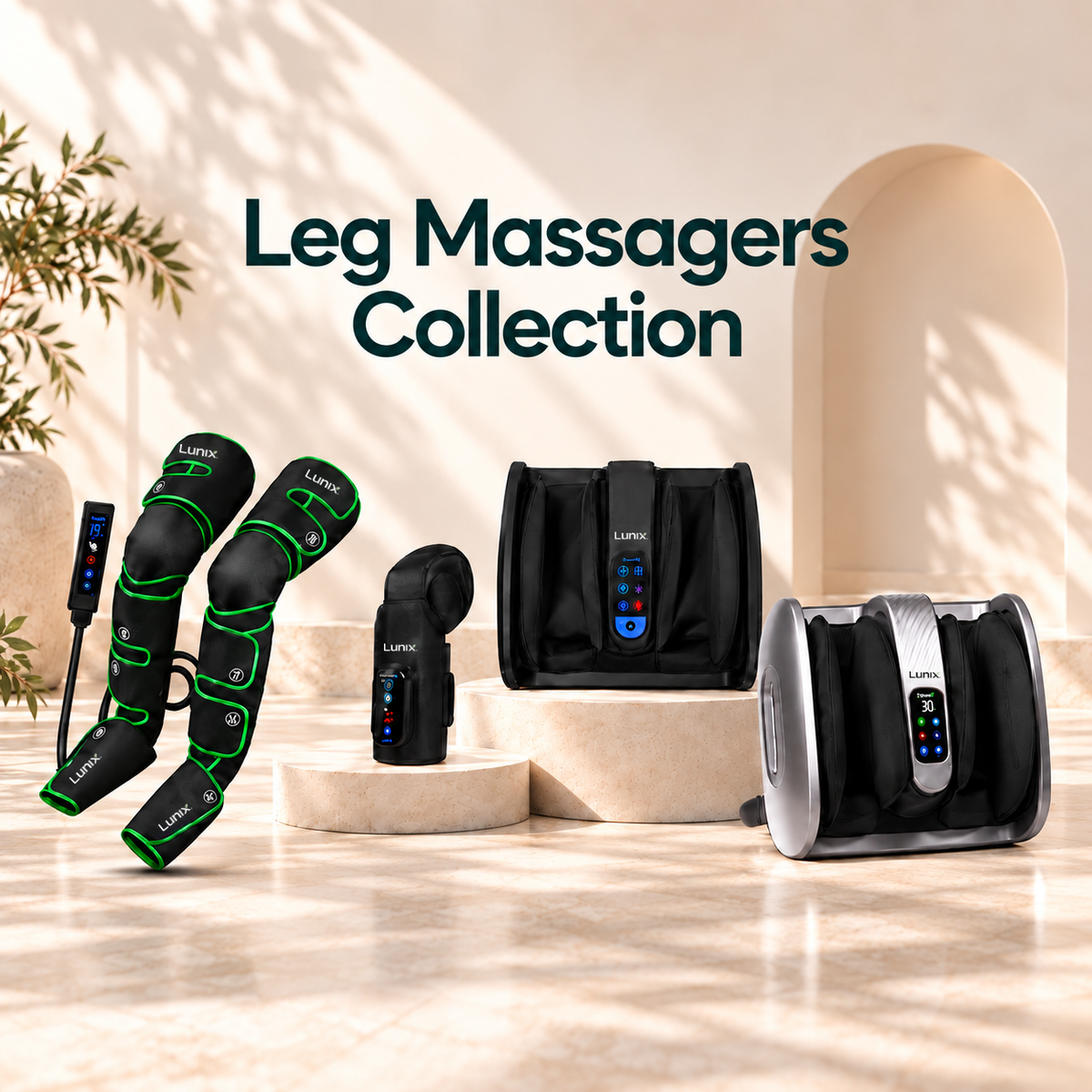 Lunix leg massagers the lx23, LX10 and LX4 in mediterranean background.