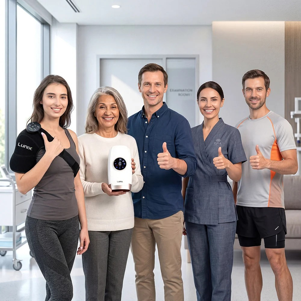 People smiling while one is  holding a Lunix hand massager and one is wearing a Lunix red light therapy device
