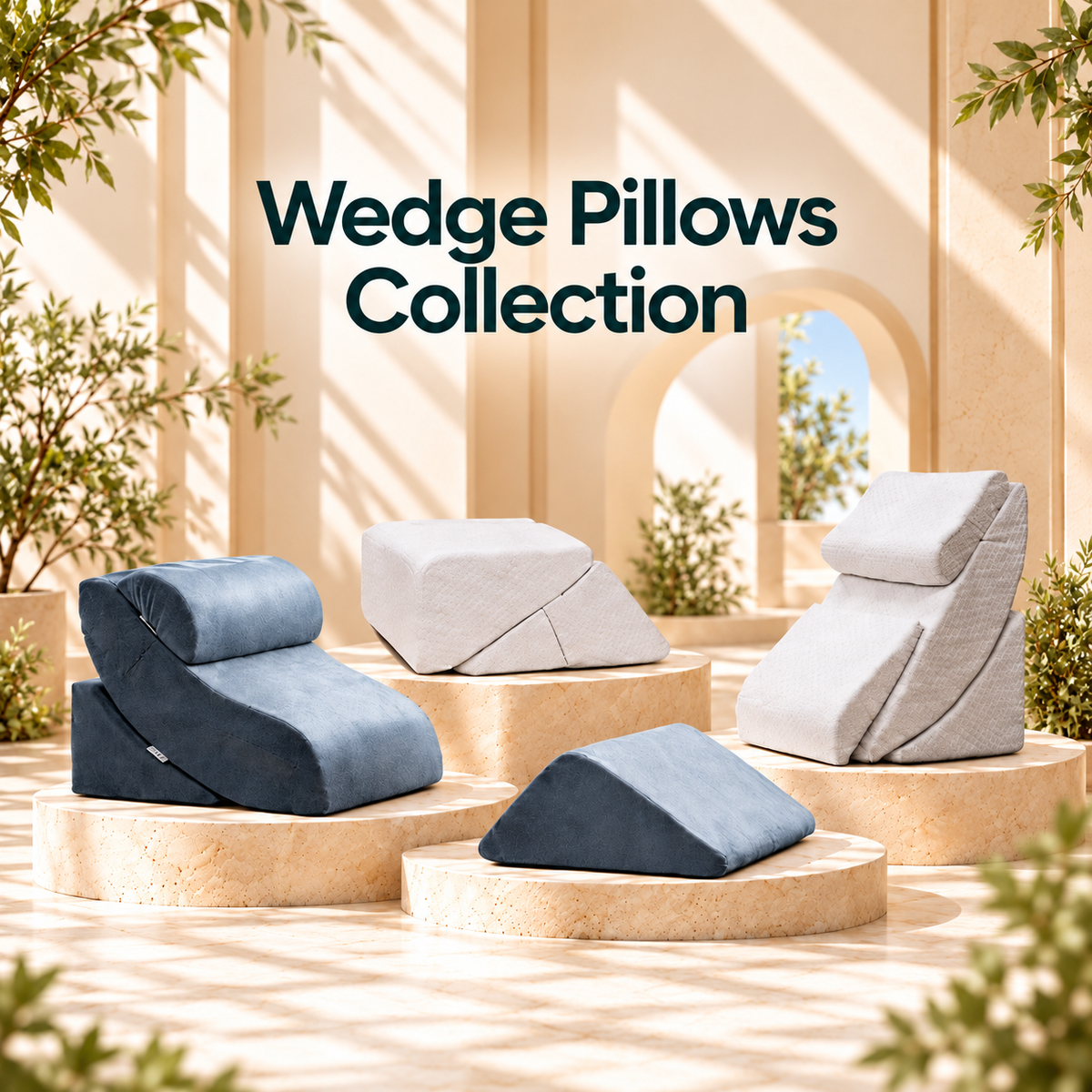 Lunix white and blue wedge pillows in mediterranean background.