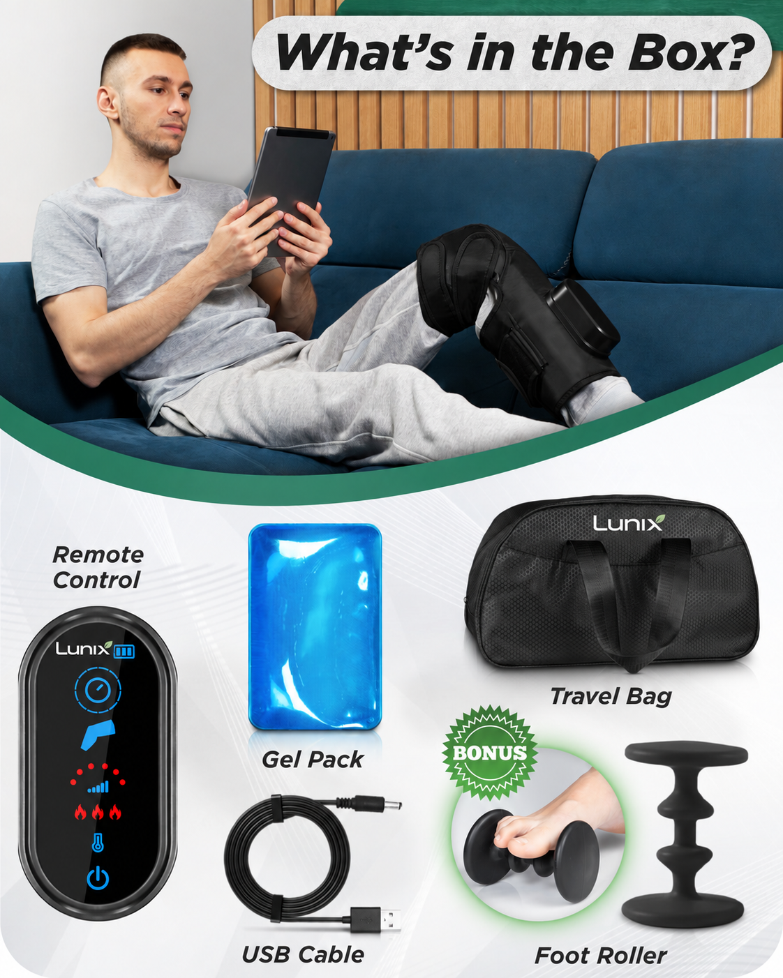 Lunix LX4 Cordless Knee Compression Massager with Heat, Forest Green