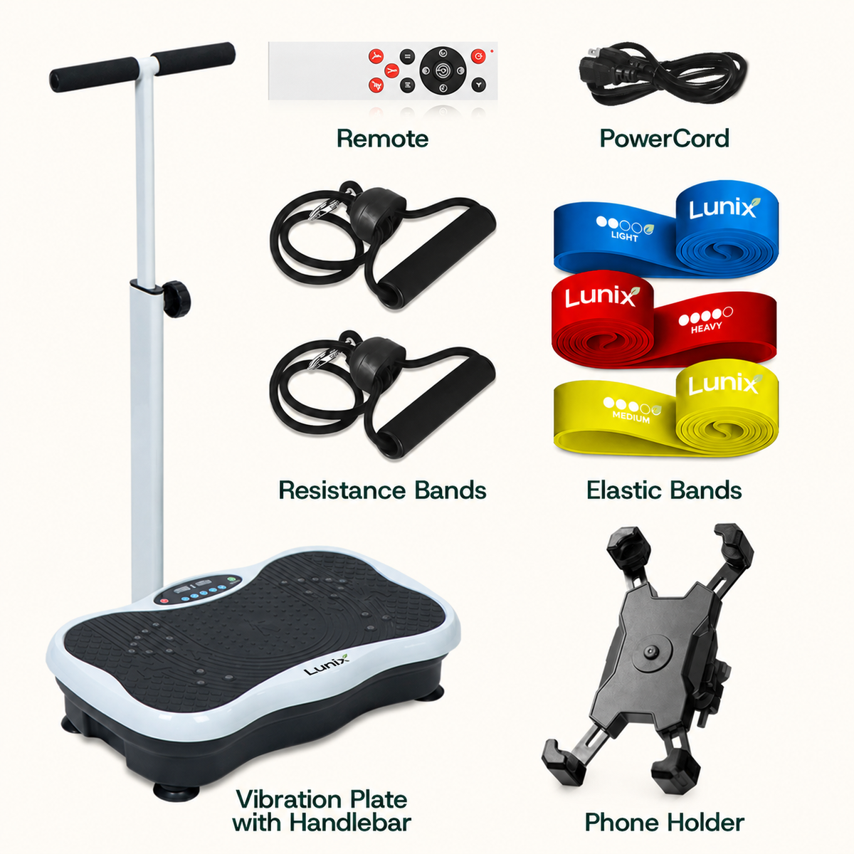 Lunix LX18 vibration plate exwercise machine in Black and its accessories