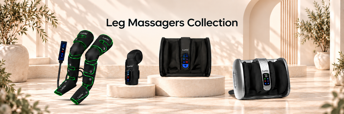 Lunix leg massagers the lx23, LX10 and LX4 in mediterranean background.