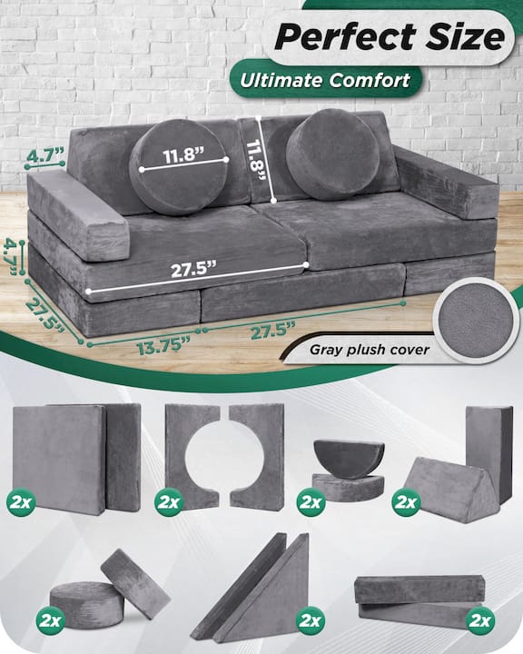 LX15 14pcs Modular Play Couch, Shadow Gray