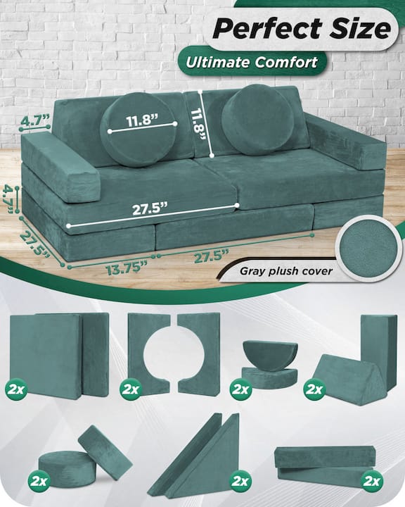 LX15 14pcs Modular Play Couch, Sage Teal