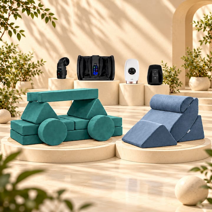 Lunix all products shows wedge pillows, hand massager, leg massager and red light products.