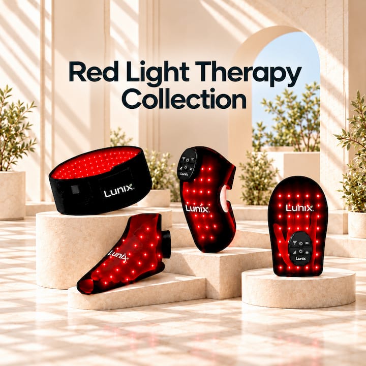 Lunix Red light therapy massagers for body, leg, feet and hand in mediterranean background.