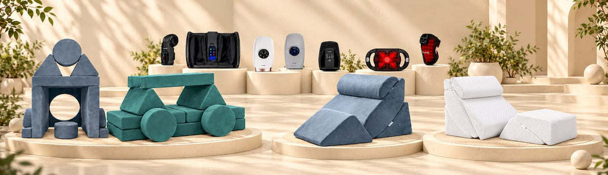 Lunix all products shows wedge pillows, hand massager, leg massager and red light products.