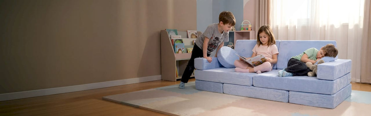 Children playing on a modular sofa in a living room.