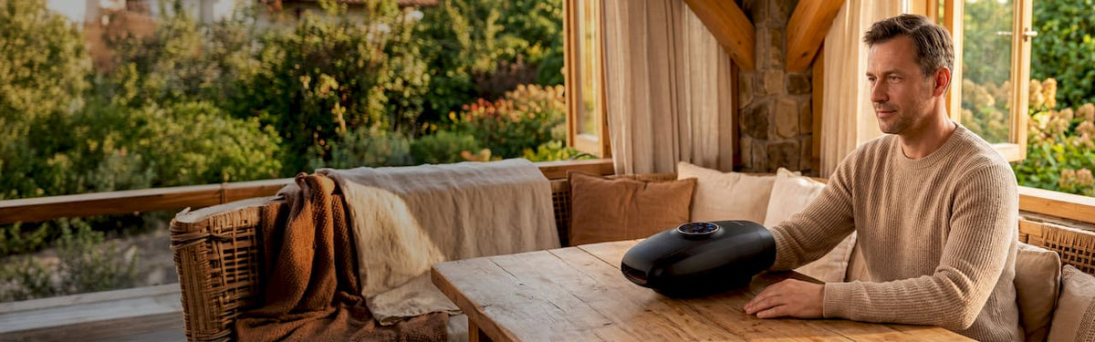 Man sitting at a wooden table in a cozy room with large windows and outdoor view.