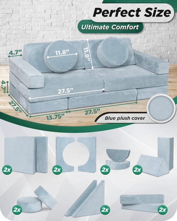 LX15 14pcs Modular Play Couch, Serenity Blue