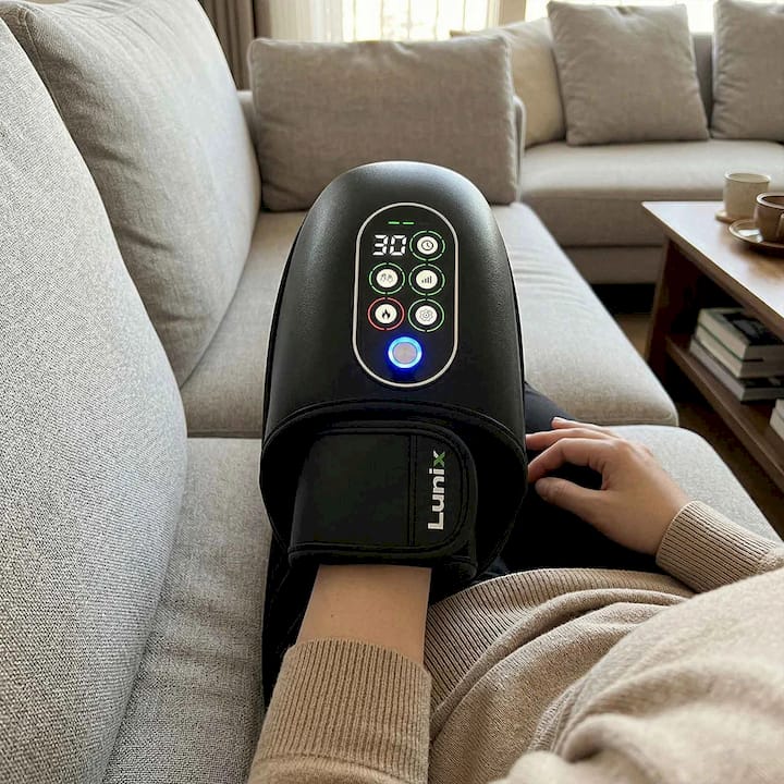 Person using a hand massager with a digital display in a living room setting.