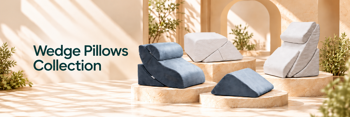 Lunix white and blue wedge pillows in mediterranean background.