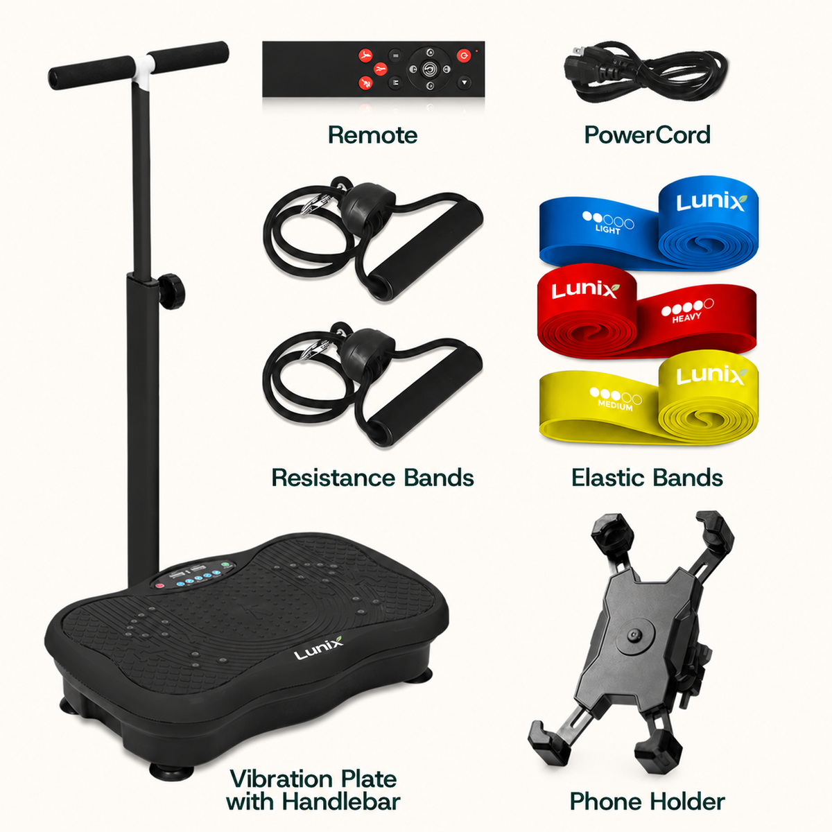 Lunix LX18 vibration plate exwercise machine in Black and its accessories