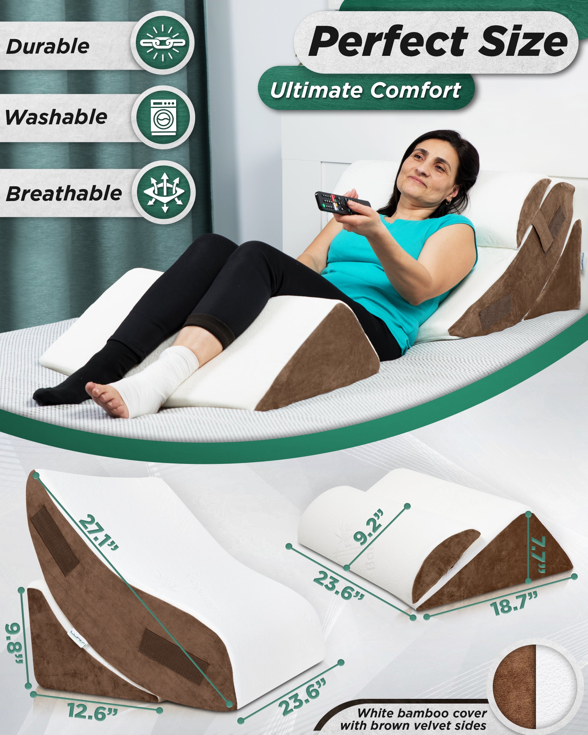 LX5 4pcs Orthopedic Bed Wedge Pillow System, with Hot Cold Pack Brown -  Lunixinc