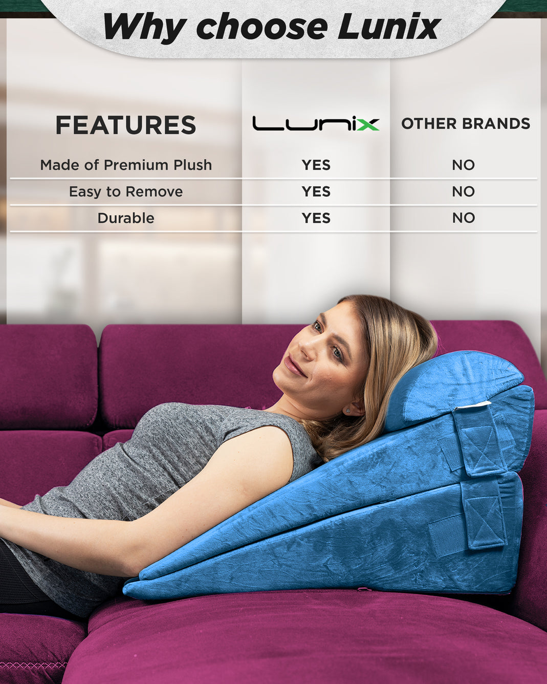 Lunix LX12 3pcs Floor Pillow for Kids, Lounge Chair Reading Pillow - Blue +  LX8 2 Layer Orthopedic Wedge Pillow Set, Memory Foam Sitting Pillow with