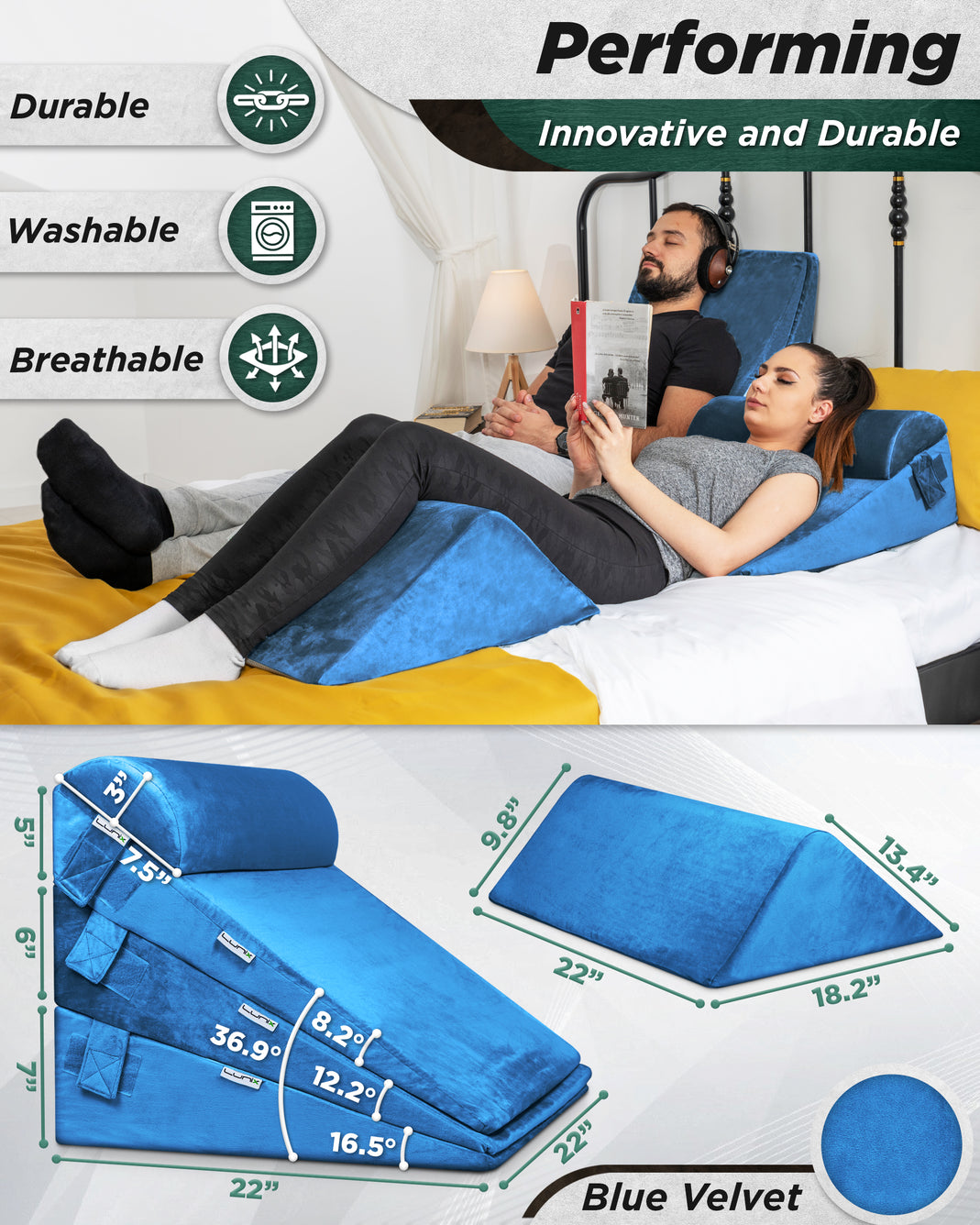 Lunix LX11 5pcs Orthopedic Bed Wedge Pillow System Blue